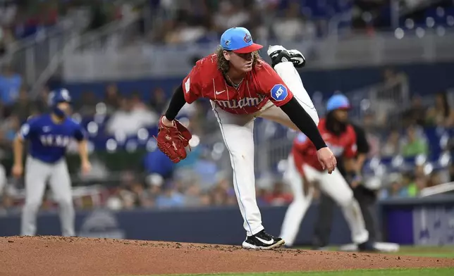 Miami Marlins pitcher Ryan Weathers throws during the second inning of a baseball game against the Texas Rangers, Saturday, June 1, 2024, in Miami. (AP Photo/Michael Laughlin)