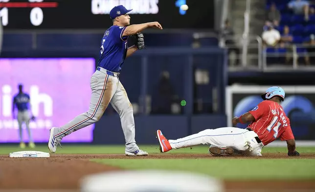 Texas Rangers shortstop Corey Seager (5) throws to first base after forcing out Miami Marlins' Bryan De La Cruz (14) during the first inning of a baseball game, Saturday, June 1, 2024, in Miami. (AP Photo/Michael Laughlin)