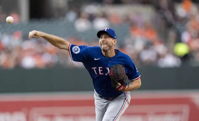 Texas Rangers starting pitcher Max Scherzer delivers during the first inning of a baseball game against the Baltimore Orioles, Friday, June 28, 2024, in Baltimore. (AP Photo/Stephanie Scarbrough)