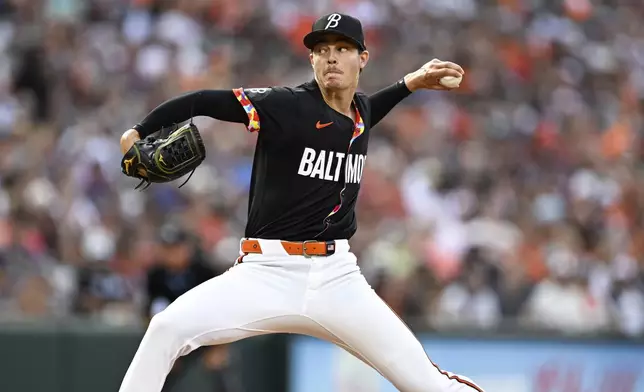Baltimore Orioles pitcher Cade Povich throws during the first inning of a baseball game against the Texas Rangers, Saturday, June 29, 2024, in Baltimore. (AP Photo/Terrance Williams)
