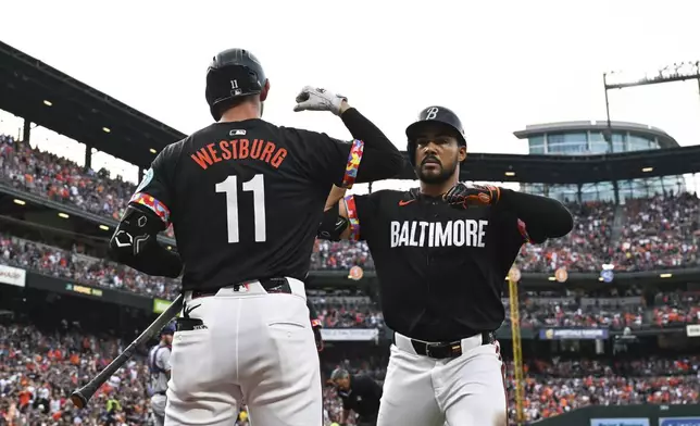 Baltimore Orioles' Anthony Santander, right, celebrates with Jordan Westburg (11) after hitting a solo home run off Texas Rangers pitcher Michael Lorenzen during the second inning of a baseball game, Saturday, June 29, 2024, in Baltimore. (AP Photo/Terrance Williams)
