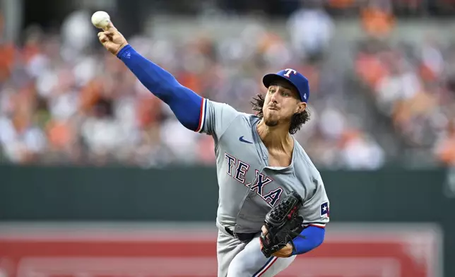 Texas Rangers pitcher Michael Lorenzen throws during the second inning of a baseball game against the Baltimore Orioles, Saturday, June 29, 2024, in Baltimore. (AP Photo/Terrance Williams)