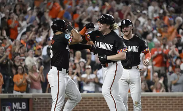 Baltimore Orioles' Heston Kjerstad, center, celebrates after his grand slam off Texas Rangers pitcher Michael Lorenzen with Anthony Santander, left, during the fifth inning of a baseball game, Saturday, June 29, 2024, in Baltimore. (AP Photo/Terrance Williams)