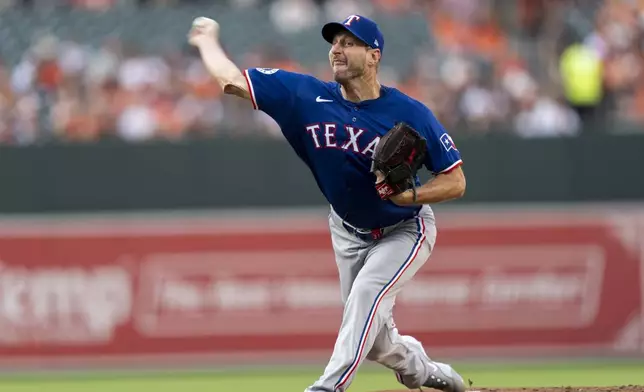 Texas Rangers starting pitcher Max Scherzer delivers during the first inning of a baseball game against the Baltimore Orioles, Friday, June 28, 2024, in Baltimore. (AP Photo/Stephanie Scarbrough)