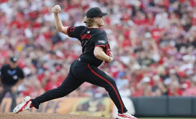 Cincinnati Reds starting pitcher Andrew Abbott throws to a Boston Red Sox batter during the second inning of a baseball game Friday, June 21, 2024, in Cincinnati. (AP Photo/Jay LaPrete)