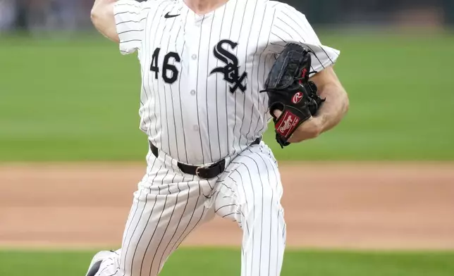 Chicago White Sox starting pitcher Jake Woodford delivers to a Boston Red Sox batter during the first inning of a baseball game Thursday, June 6, 2024, in Chicago. (AP Photo/Charles Rex Arbogast)