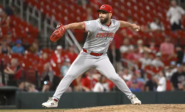 Cincinnati Reds relief pitcher Sam Moll throws in the ninth inning of a baseball game against the St. Louis Cardinals Thursday, June 27, 2024, in St. Louis. (AP Photo/Joe Puetz)