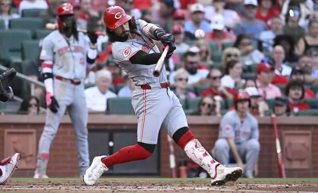Cincinnati Reds' Jonathan India hits an RBI double against the St. Louis Cardinals during the second inning of a baseball game Thursday, June 27, 2024, in St. Louis. (AP Photo/Joe Puetz)