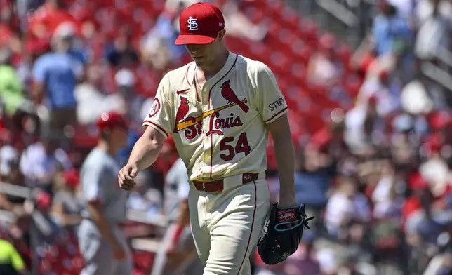 St. Louis Cardinals starting pitcher Sonny Gray walks to the dugout after being pulled in the fifth inning of a baseball game against the Cincinnati Reds, Saturday, June 29, 2024, in St. Louis. (AP Photo/Joe Puetz)