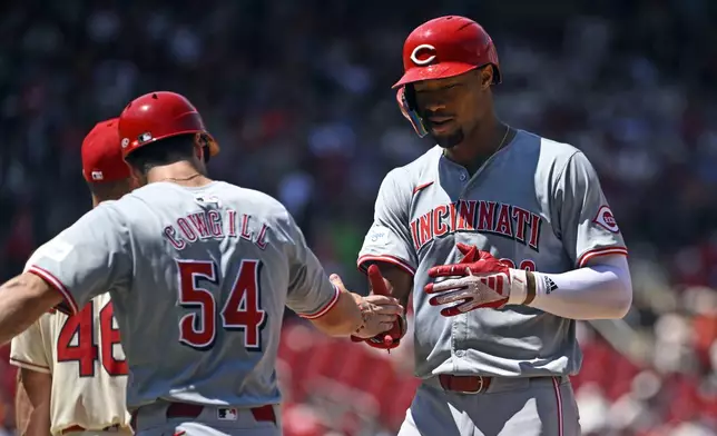 Cincinnati Reds' Will Benson, right, is congratulated by first base coach Collin Cowgill (54) after hitting a two-run single in the fifth inning of a baseball game against the St. Louis Cardinals, Saturday, June 29, 2024, in St. Louis. (AP Photo/Joe Puetz)