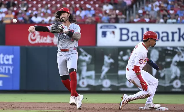 St. Louis Cardinals' Masyn Winn, right, is out at second base as Cincinnati Reds second baseman Jonathan India, throws to first during the first inning of a baseball game Thursday, June 27, 2024, in St. Louis. Alec Burleson was safe at first. (AP Photo/Joe Puetz)