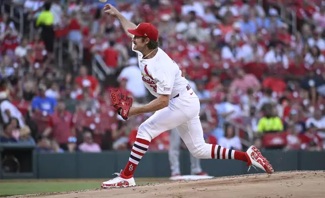 St. Louis Cardinals starting pitcher Miles Mikolas throws to a Cincinnati Reds batter during the second inning of a baseball game Thursday, June 27, 2024, in St. Louis. (AP Photo/Joe Puetz)