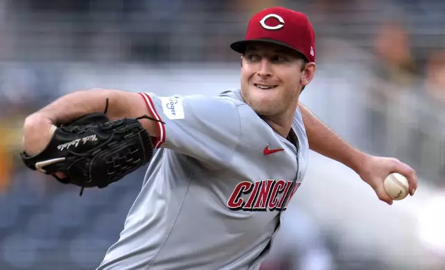 Cincinnati Reds starting pitcher Nick Lodolo delivers during the first inning of the team's baseball game against the Pittsburgh Pirates in Pittsburgh, Tuesday, June 18, 2024. (AP Photo/Gene J. Puskar)