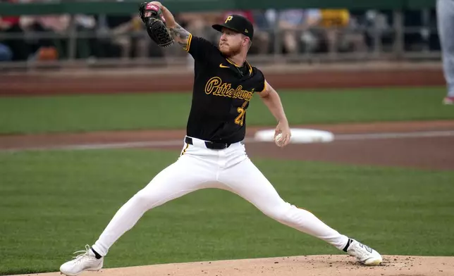 Pittsburgh Pirates starting pitcher Bailey Falter delivers to a Cincinnati Reds batter during the first inning of a baseball game in Pittsburgh, Tuesday, June 18, 2024. (AP Photo/Gene J. Puskar)
