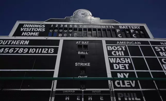 A manual scoreboard is seen at Rickwood Field, Monday, June 10, 2024, in Birmingham, Ala. Rickwood Field, known as one of the oldest professional ballpark in the United States and former home of the Birmingham Black Barons of the Negro Leagues, will be the site of a special regular season game between the St. Louis Cardinals and San Francisco Giants on June 20, 2024. (AP Photo/Brynn Anderson)