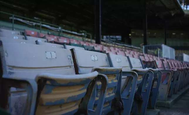 Seats near the infield are seen at Rickwood Field, Monday, June 10, 2024, in Birmingham, Ala. Rickwood Field, known as one of the oldest professional ballpark in the United States and former home of the Birmingham Black Barons of the Negro Leagues, will be the site of a special regular season game between the St. Louis Cardinals and San Francisco Giants on June 20, 2024. (AP Photo/Brynn Anderson)