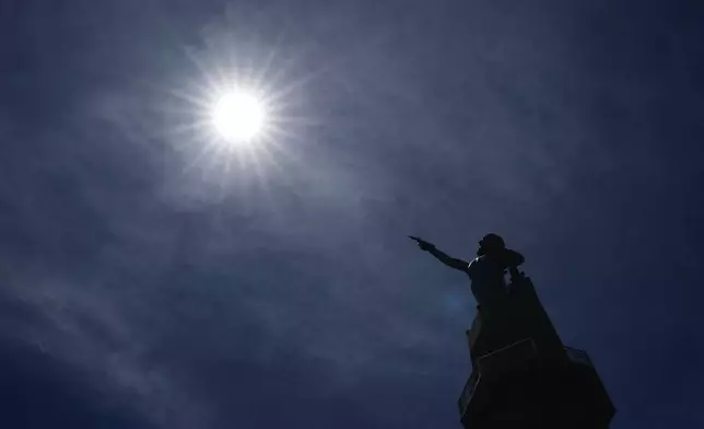 The sun peaks through the clouds at Vulcan Park and Museum, Tuesday, June, 12, 2024 in Birmingham, Ala. Birmingham will host a regular season MLB baseball game at Rickwood Field. It's known as one of the oldest professional ballpark in the United States and former home of the Birmingham Black Barons of the Negro Leagues. The game between the St. Louis Cardinals and San Francisco Giants is set to be played on June 20, 2024.