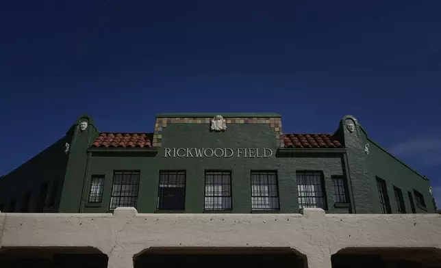 The front entrance is seen at Rickwood Field, Monday, June 10, 2024, in Birmingham, Ala. Rickwood Field, known as one of the oldest professional ballpark in the United States and former home of the Birmingham Black Barons of the Negro Leagues, will be the site of a special regular season game between the St. Louis Cardinals and San Francisco Giants on June 20, 2024. (AP Photo/Brynn Anderson)