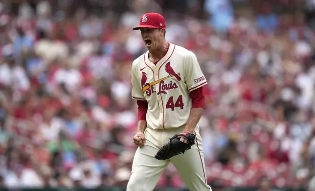 St. Louis Cardinals starting pitcher Kyle Gibson celebrates after getting Colorado Rockies' Ryan McMahon to ground into a double play ending the top of the third inning of a baseball game Saturday, June 8, 2024, in St. Louis. (AP Photo/Jeff Roberson)