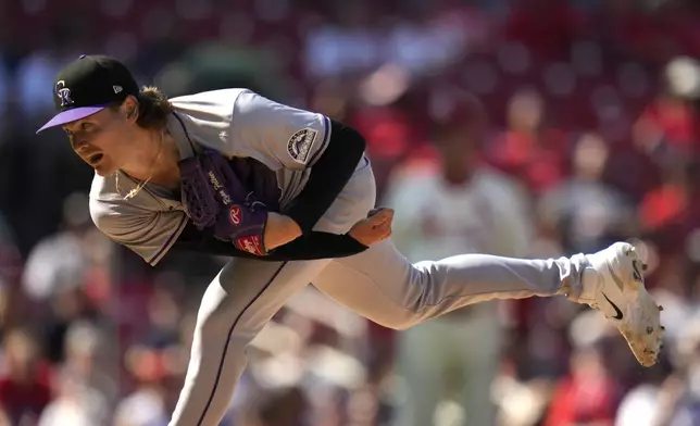 Colorado Rockies starting pitcher Ryan Feltner throws during the sixth inning of a baseball game against the St. Louis Cardinals Saturday, June 8, 2024, in St. Louis. (AP Photo/Jeff Roberson)