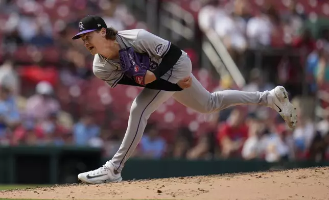 Colorado Rockies starting pitcher Ryan Feltner throws during the fifth inning of a baseball game against the St. Louis Cardinals Saturday, June 8, 2024, in St. Louis. (AP Photo/Jeff Roberson)