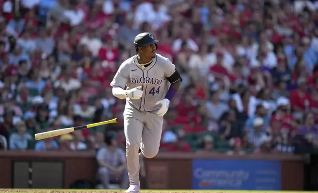 Colorado Rockies' Elehuris Montero doubles during the sixth inning of a baseball game against the St. Louis Cardinals Saturday, June 8, 2024, in St. Louis. (AP Photo/Jeff Roberson)