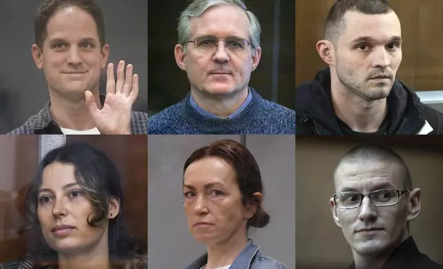 This photo combination shows some of the U.S. citizens who are in Russian custody. Clockwise from top left are Wall Street Journal reporter Evan Gershkovich, corporate security executive Paul Whelan, Army Staff Sgt. Gordon Black, a dual U.S.-Russian national Robert Woodland Romanov, Prague-based editor for the U.S. government-funded Radio Free Europe/Radio Liberty's Tatar-Bashkir service Alsu Kurmasheva, and a dual U.S.-Russian national Ksenia Karelina also known as Khavana. (AP Photo)