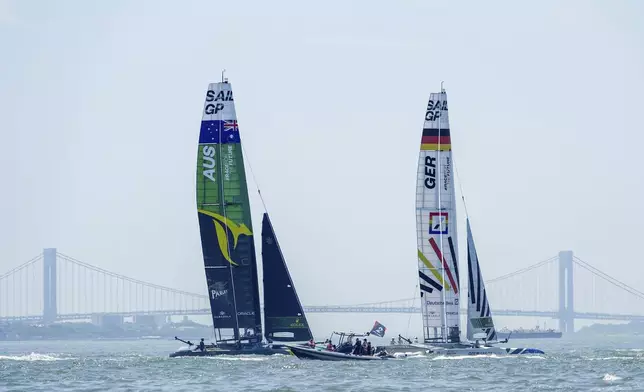 International SailGP teams practice racing ahead of the New York Sail Grand Prix, Friday, June 21, 2024, in New York. (AP Photo/Julia Nikhinson)