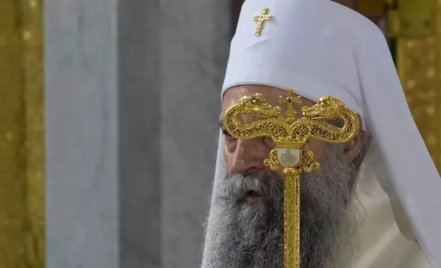 Serbian Orthodox Church Patriarch Porfirije performs during the prayer service for the All-Serbian Assembly in the St. Sava Serbian Orthodox temple in Belgrade, Serbia, Saturday, June 8, 2024. The All-Serbian Assembly carries the main message that Serbs, wherever they live, are one people, that they strive for the same goals. (AP Photo/Darko Vojinovic)