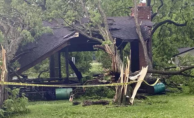 Several trees slammed into a structure at Rotary Park in Livonia, MIch., Wednesday, June 5, 2024 as a tornado tore through the western Wayne County community. (Nolan Finley/The Detroit News via AP)