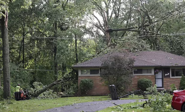 Workers remove parts of trees at a home on Hubbard Street after a storm in Livonia, Mich., Wednesday, June 5, 2024. (Robin Buckson/Detroit News via AP)