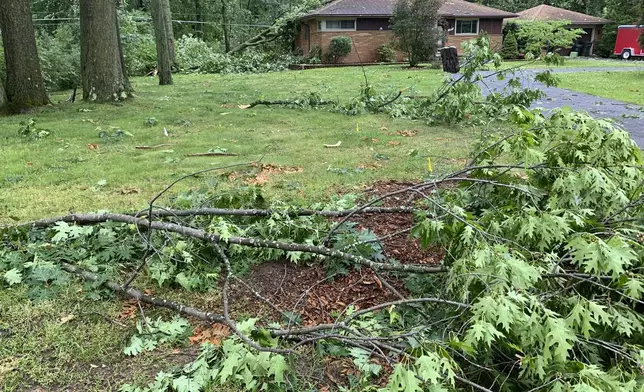 A fallen tree lays on a home as tree branches litter the ground on Hubbard Street in Livonia, Mich, Wednesday, June 5, 2024. Officials in Livonia said in a post on the city’s website that a quick-developing tornado struck several neighborhoods in the city on Wednesday afternoon. (Robin Buckson/Detroit News via AP)