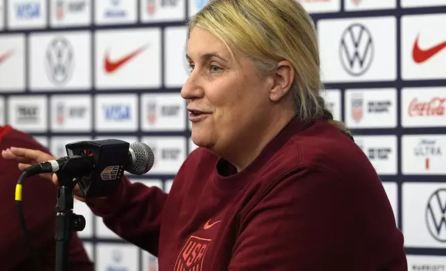 United States national women's soccer team head coach Emma Hayes talks with reporters at a news conference before a practice to prepare for a friendly match against South Korea, Friday, May 31, 2024, in Commerce City, Colo. (AP Photo/David Zalubowski)