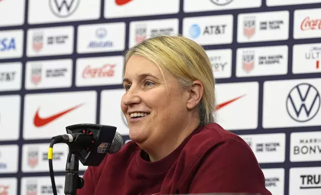 United States national women's soccer team head coach Emma Hayes talks with reporters at a news conference before a practice to prepare for a friendly match against South Korea, Friday, May 31, 2024, in Commerce City, Colo. (AP Photo/David Zalubowski)