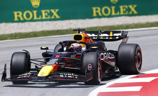 Red Bull driver Max Verstappen of the Netherlands steers his car during the 1st practice session for the Formula 1 Spanish Grand Prix at the Barcelona Catalunya racetrack in Montmelo, near Barcelona, Spain, Friday, June 21, 2024. The race will be held on Sunday. (AP Photo/Joan Monfort)