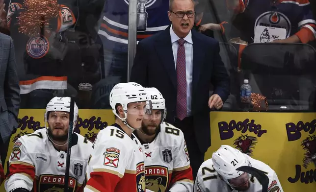 Florida Panthers coach Paul Maurice yells after a Panthers goal was disallowed for offsides, during the second period against the Edmonton Oilers in Game 6 of the NHL hockey Stanley Cup Final, Friday, June 21, 2024, in Edmonton, Alberta. (Jeff McIntosh/The Canadian Press via AP)