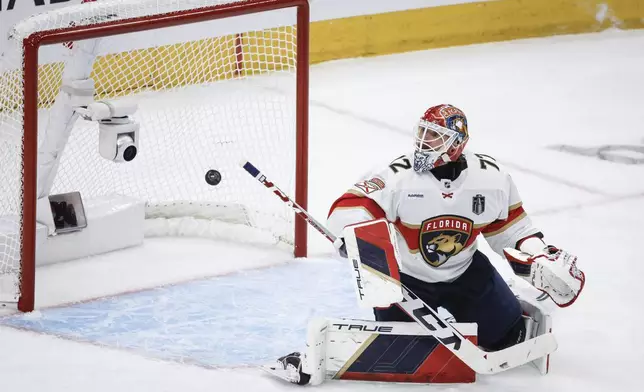 Florida Panthers goalie Sergei Bobrovsky gives up a goal to the Edmonton Oilers during the second period of Game 4 of the NHL hockey Stanley Cup Final, Saturday, June 15, 2024, in Edmonton, Alberta. (Jeff McIntosh/The Canadian Press via AP)