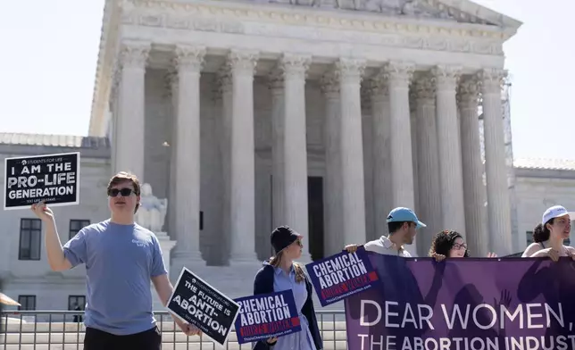 Anti-abortion protestors demonstrate outside the Supreme Court on Thursday, June 13, 2024, in Washington. The Supreme Court on Thursday unanimously preserved access to a medication that was used in nearly two-thirds of all abortions in the U.S. last year, in the court's first abortion decision since conservative justices overturned Roe v. Wade two years ago. (AP Photo/Mark Schiefelbein)