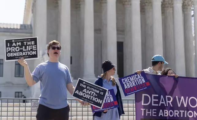 Anti-abortion protestors demonstrate outside the Supreme Court on Thursday, June 13, 2024, in Washington. The Supreme Court on Thursday unanimously preserved access to a medication that was used in nearly two-thirds of all abortions in the U.S. last year, in the court's first abortion decision since conservative justices overturned Roe v. Wade two years ago. (AP Photo/Mark Schiefelbein)