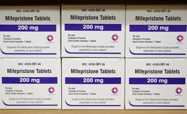 FILE - Boxes of the drug mifepristone sit on a shelf at the West Alabama Women's Center in Tuscaloosa, Ala., on March 16, 2022. The Supreme Court on Thursday, June 13, 2024, unanimously preserved access to the medication that was used in nearly two-thirds of all abortions in the U.S. last year, in the court’s first abortion decision since conservative justices overturned Roe v. Wade two years ago. (AP Photo/Allen G. Breed, File)