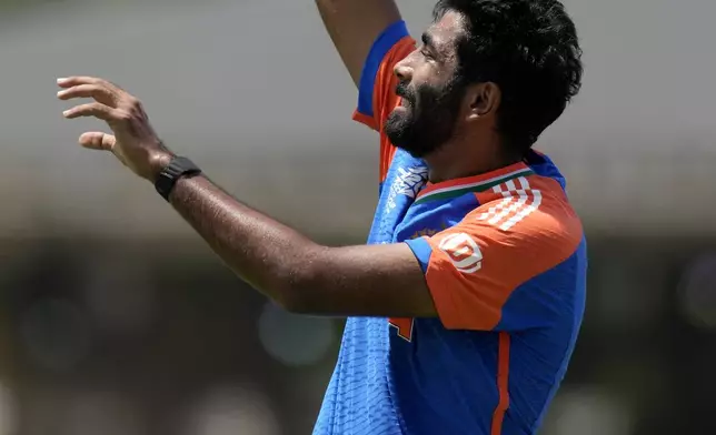 India's Jasprit Bumrah prepares to bowl his next delivery during the ICC Men's T20 World Cup cricket match between Afghanistan and India at Kensington Oval in Bridgetown, Barbados, Thursday, June 20, 2024. (AP Photo/Ricardo Mazalan)