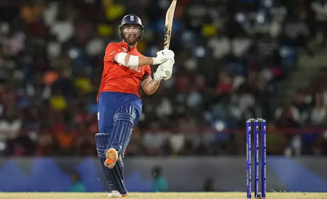 England's Phil Salt bats during the men's T20 World Cup cricket match between England and the West Indies at Darren Sammy National Cricket Stadium, Gros Islet, St Lucia, Wednesday, June 19, 2024. (AP Photo/Ramon Espinosa)