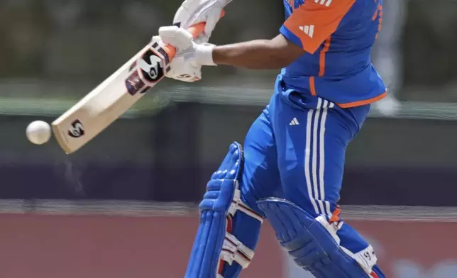 India's Rishabh Pant plays a shot during the ICC Men's T20 World Cup cricket match between India and Bangladesh at Sir Vivian Richards Stadium in North Sound, Antigua and Barbuda, Saturday, June 22, 2024. (AP Photo/Lynne Sladky)