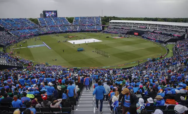 A view of the Nassau County International Cricket Stadium before the start of the ICC Men's T20 World Cup cricket match between India and Pakistan in Westbury, New York, Sunday, June 9, 2024. (AP Photo/Stefan Jeremiah)