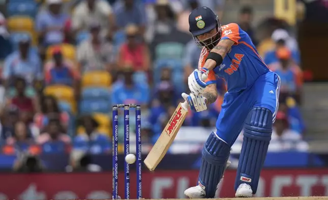India's Virat Kohli bats during the ICC Men's T20 World Cup final cricket match between India and South Africa at Kensington Oval in Bridgetown, Barbados, Saturday, June 29, 2024. (AP Photo/Ramon Espinosa)