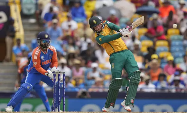 South Africa's Heinrich Klaasen plays a shot during the ICC Men's T20 World Cup final cricket match between India and South Africa at Kensington Oval in Bridgetown, Barbados, Saturday, June 29, 2024. (AP Photo/Ramon Espinosa)
