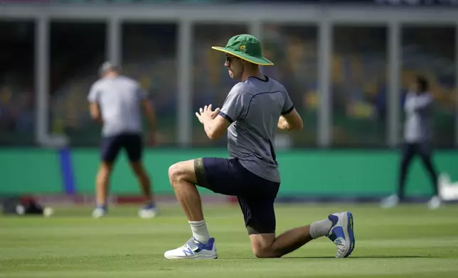 South Africa's Anrich Nortje warms up before the ICC Men's T20 World Cup final cricket match between India and South Africa at Kensington Oval in Bridgetown, Barbados, Saturday, June 29, 2024. (AP Photo/Ramon Espinosa)
