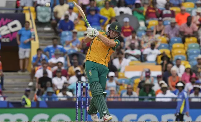 South Africa's David Miller plays a shot during the ICC Men's T20 World Cup final cricket match between India and South Africa at Kensington Oval in Bridgetown, Barbados, Saturday, June 29, 2024. (AP Photo/Ramon Espinosa)