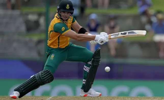 South Africa's Tristan Stubbs plays a shot during the ICC Men's T20 World Cup cricket match between the United States and South Africa at Sir Vivian Richards Stadium in North Sound, Antigua and Barbuda, Wednesday, June 19, 2024. (AP Photo/Ricardo Mazalan)