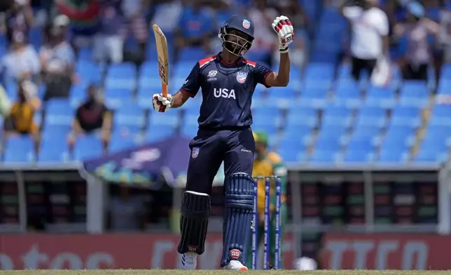 United States' Harmeet Singh reacts after his dismissal during the ICC Men's T20 World Cup cricket match between the United States and South Africa at Sir Vivian Richards Stadium in North Sound, Antigua and Barbuda, Wednesday, June 19, 2024. (AP Photo/Ricardo Mazalan)